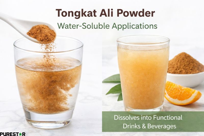Tongkat Ali Powder dissolving in water forming functional beverage, Tongkat Ali Root Extract used in drink formulations
