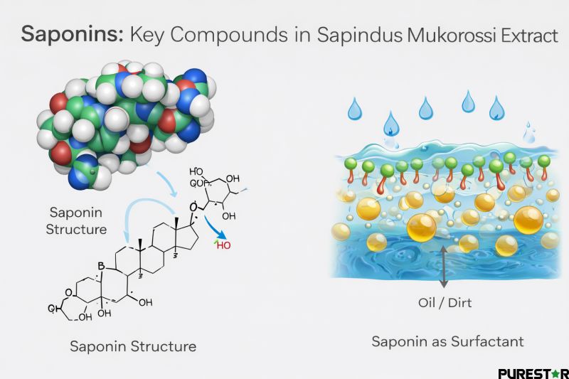 Natural saponin structure illustration from Sapindus Mukorossi Extract showing active compound concept