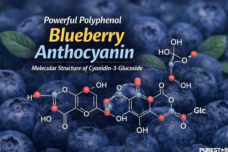 Molecular structure of blueberry anthocyanin represented by cyanidin-3-glucoside, illustrating polyphenol composition and antioxidant properties