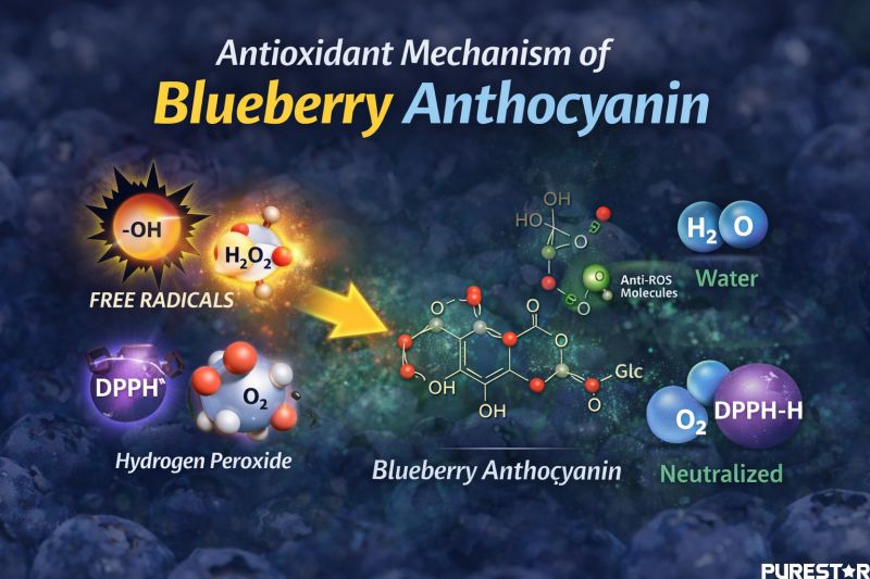 Antioxidant mechanism of blueberry anthocyanin demonstrating free radical scavenging activity against ROS, DPPH, hydroxyl radicals and hydrogen peroxide