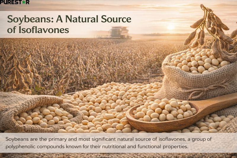 Soybean seeds and field showing natural source of soybean isoflavones in raw agricultural material