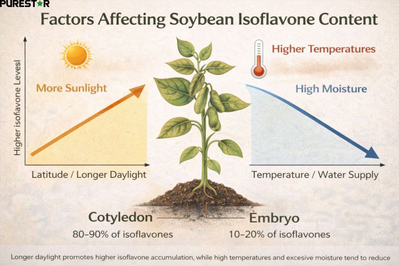 Environmental factors affecting soybean isoflavone content including sunlight temperature and moisture levels