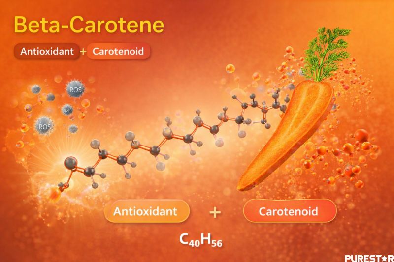 Beta-carotene antioxidant carotenoid structure C40H56 molecular diagram with carrot source showing ROS scavenging activity