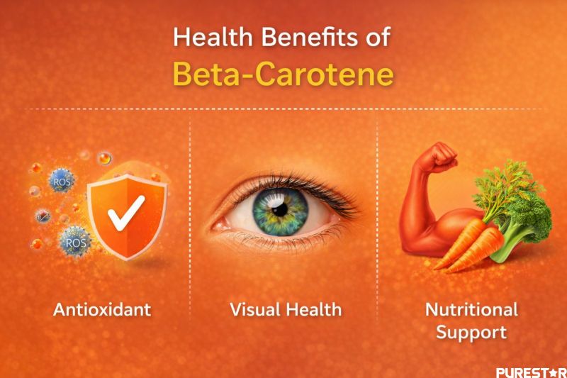Health benefits of beta-carotene including antioxidant support visual health and nutritional support from carotenoid powder