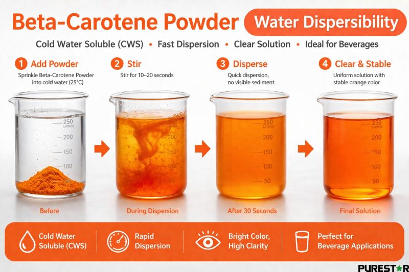 Beta-carotene powder water dispersibility cold water soluble CWS rapid dispersion clear orange solution beverage application