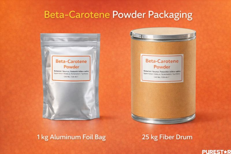 Beta-carotene powder bulk packaging 1kg aluminum foil bag and 25kg fiber drum for industrial supply carotenoid powder supplier