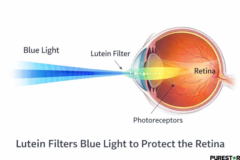 Lutein filtering blue light before it reaches the retina, illustrating antioxidant protection and reduction of light-induced eye damage