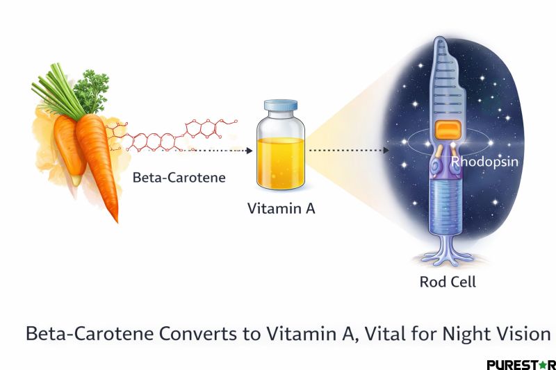 Beta-carotene converting into vitamin A and forming rhodopsin in rod cells, supporting night vision and normal visual function