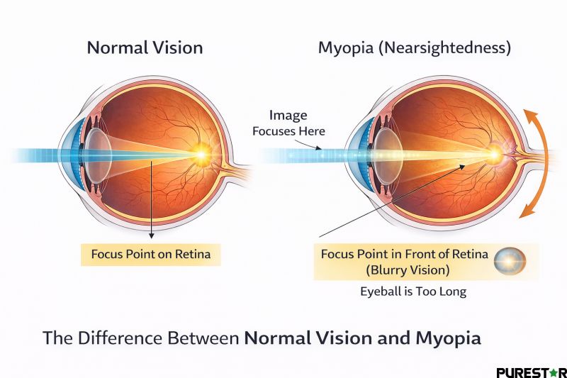 Comparison between normal vision and myopia showing light focusing in front of the retina due to elongated eyeball causing blurry vision