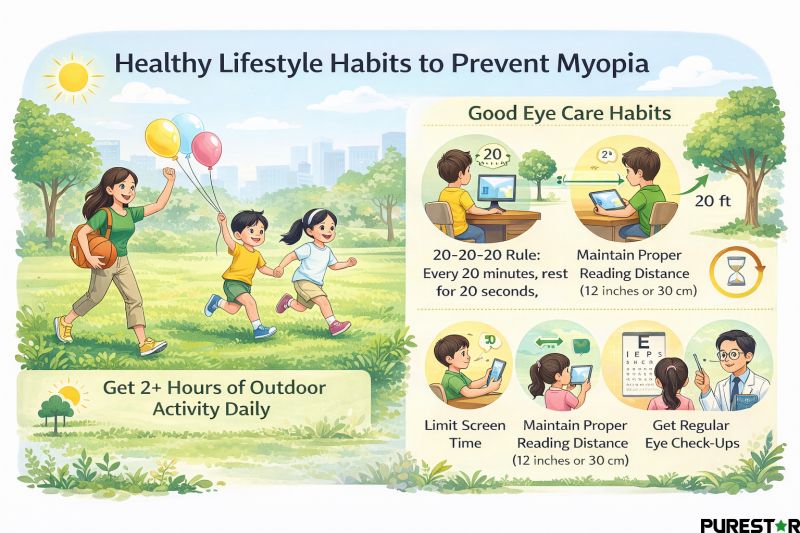 Healthy lifestyle habits to prevent myopia including outdoor activity, 20-20-20 rule, proper reading distance and reduced screen time