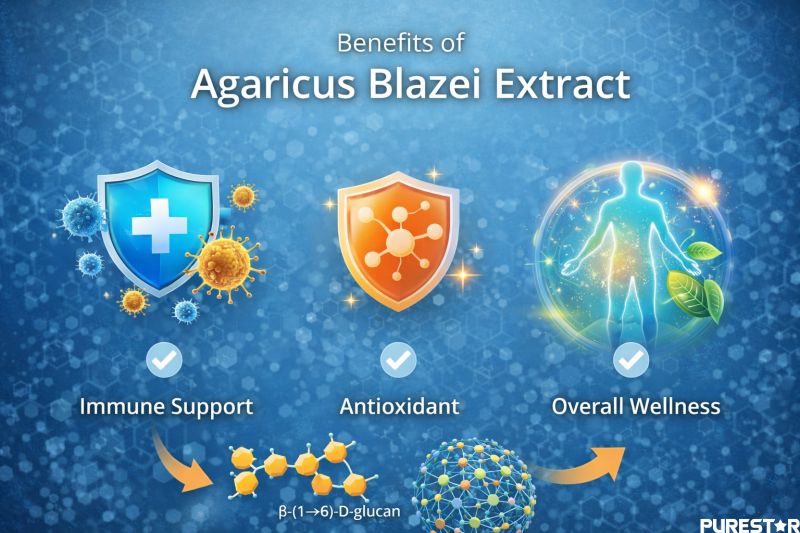 Agaricus blazei extract benefits including immune support antioxidant activity and overall wellness applications