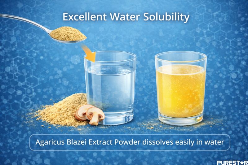Agaricus blazei extract powder dissolving in water showing excellent solubility for beverage and formulation use