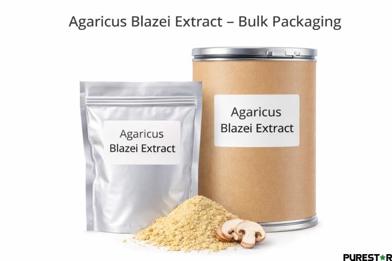 Bulk packaging of agaricus blazei extract including 1kg foil bag and 25kg fiber drum for wholesale supply