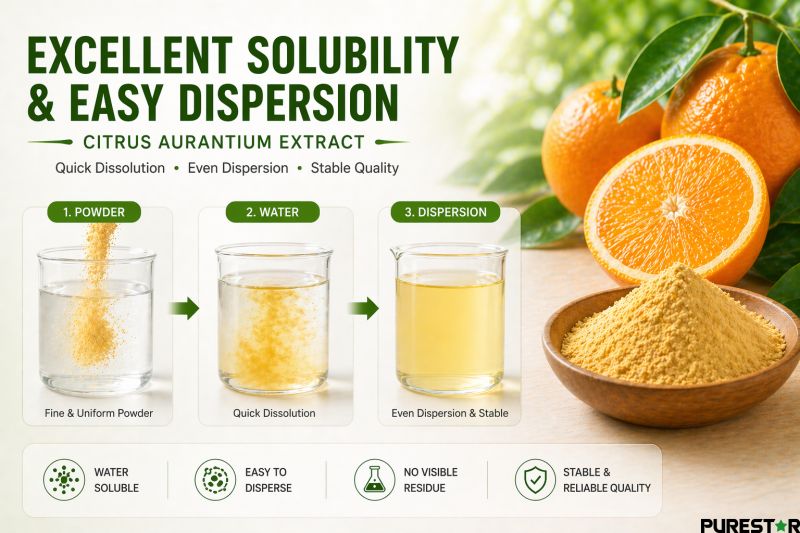 Citrus Aurantium Extract powder dissolving in water showing solubility and dispersion