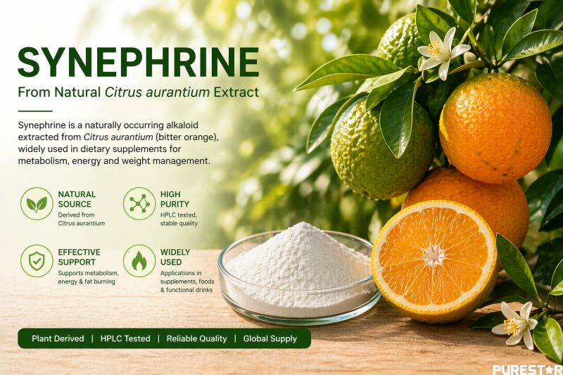Synephrine raw material from Citrus aurantium fruits with powder on wooden table showing natural botanical source
