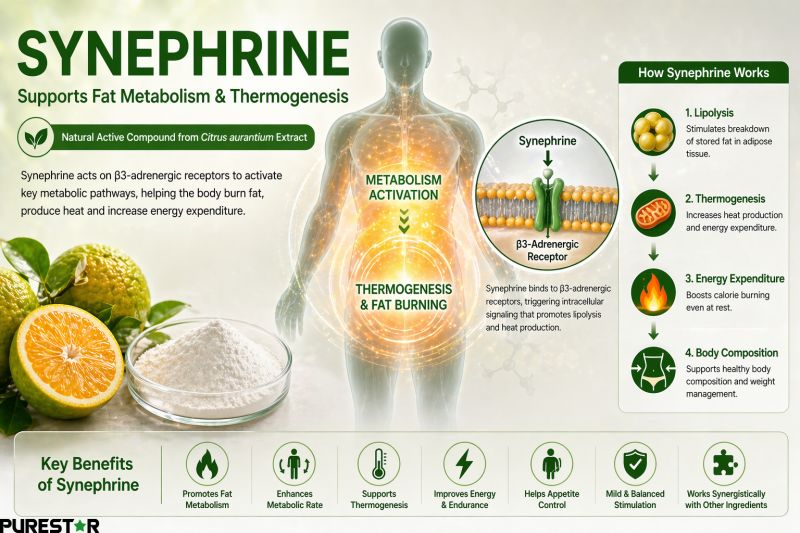 Synephrine fat metabolism and thermogenesis mechanism diagram showing lipolysis and energy expenditure support
