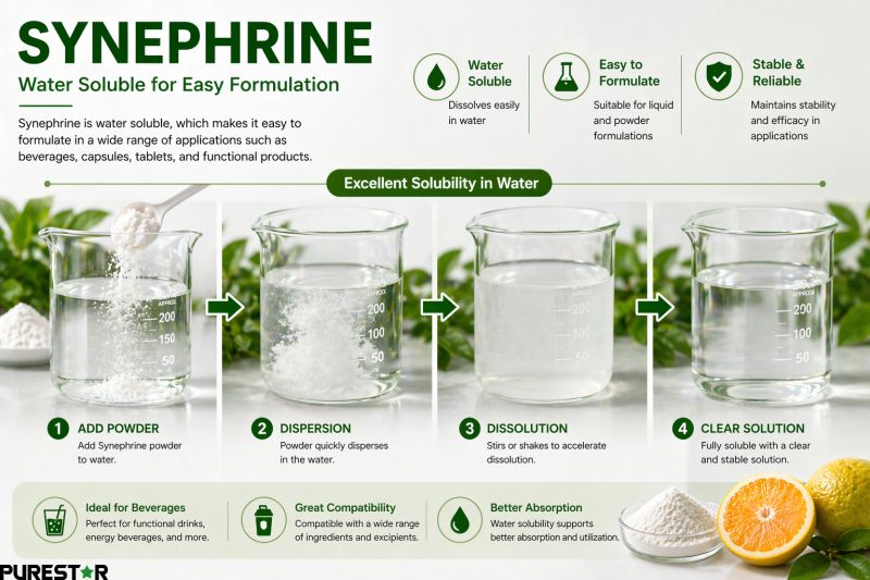 Synephrine water solubility process from powder to clear solution demonstrating easy formulation and dispersion
