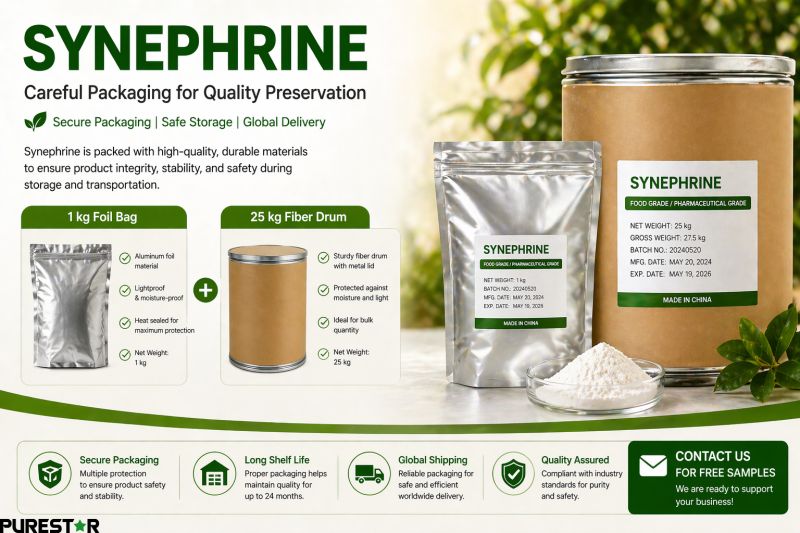 Synephrine packaging with 1kg foil bag and 25kg fiber drum for bulk supply and global delivery