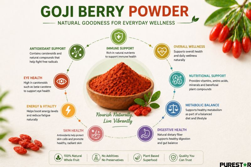 Goji berry powder benefits including antioxidant support energy vitality digestive health and overall wellness from wolfberry powder