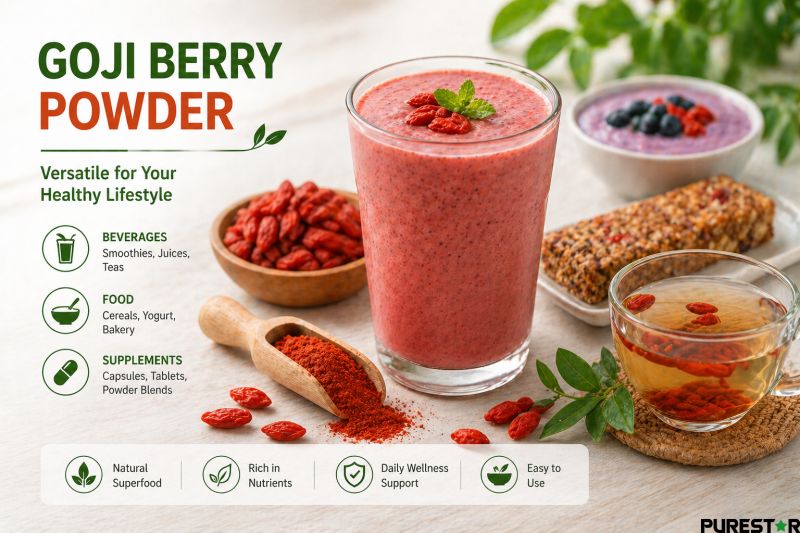Goji berry powder applications in smoothies beverages food supplements and functional nutrition using lycium barbarum powder
