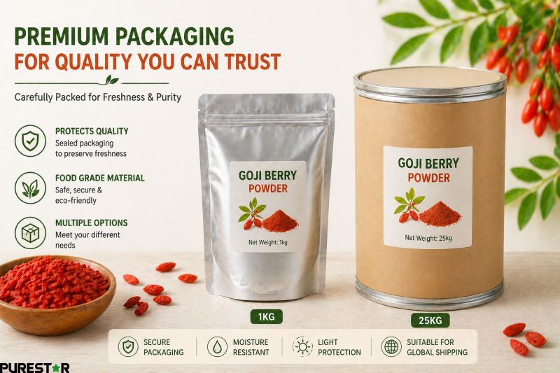 Goji berry powder bulk packaging with 1kg aluminum foil bag and 25kg fiber drum for lycium barbarum powder supply