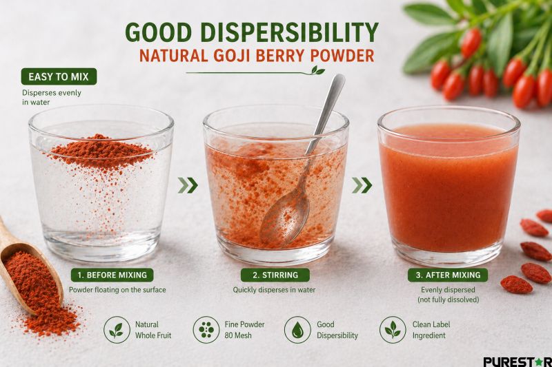 Goji berry powder dispersibility in water showing mixing process before during and after for natural wolfberry powder