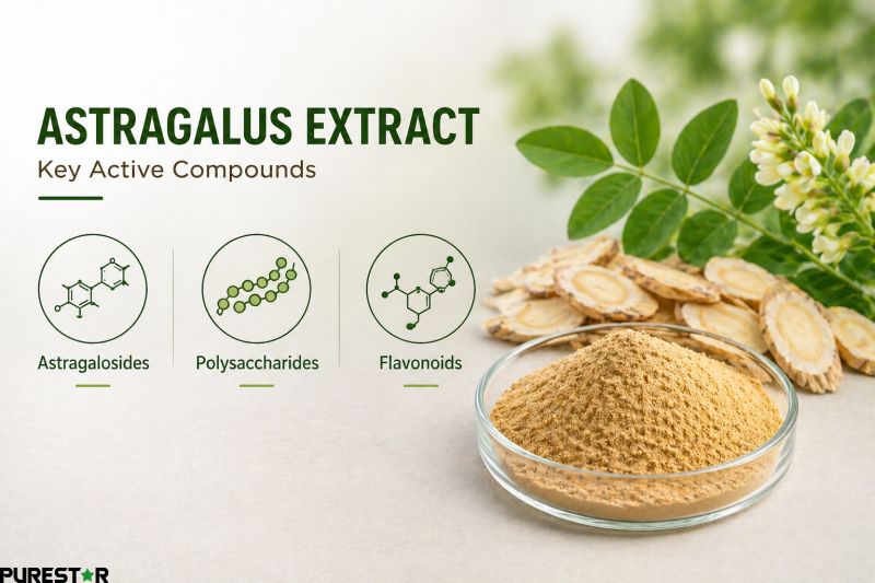 Astragalus extract active compounds including astragalosides, polysaccharides and flavonoids, key bioactive ingredients visualization