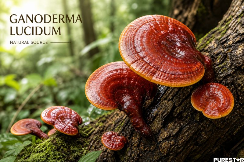 Ganoderma lucidum mushroom growing on wood natural source of reishi spores