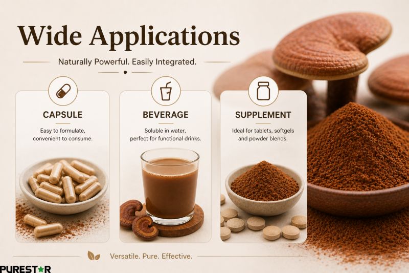 Ganoderma lucidum spore powder applications in capsules beverages and dietary supplements