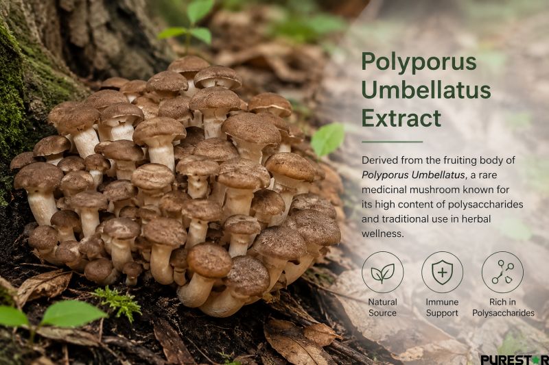 polyporus umbellatus mushroom growing in natural forest environment, raw material of polyporus umbellatus extract with high polysaccharides content for nutraceutical use