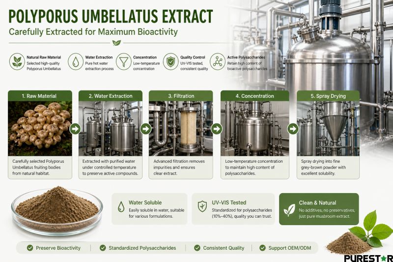 polyporus umbellatus extract production process including water extraction filtration concentration and spray drying for high quality mushroom extract powder
