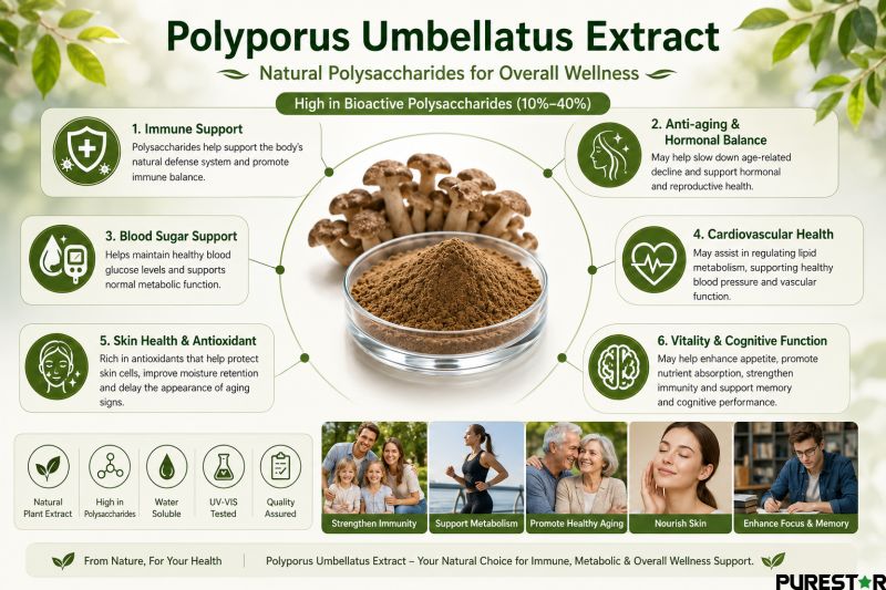 health benefits of polyporus umbellatus extract including immune support anti aging blood sugar balance skin health and cognitive function enhancement