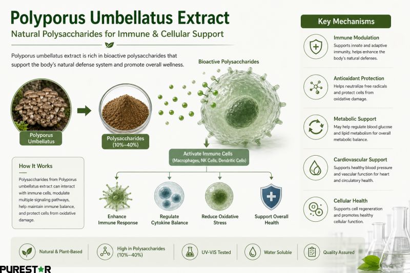 polyporus umbellatus extract immune support mechanism showing polysaccharides activating immune cells antioxidant protection and metabolic regulation