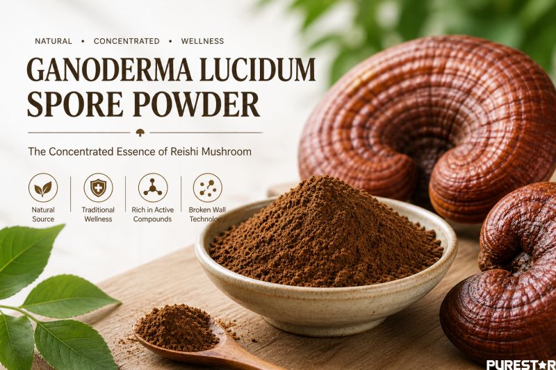 Ganoderma lucidum spore powder in bowl with reishi mushroom fruiting bodies, broken wall reishi spore powder for wellness and immune support