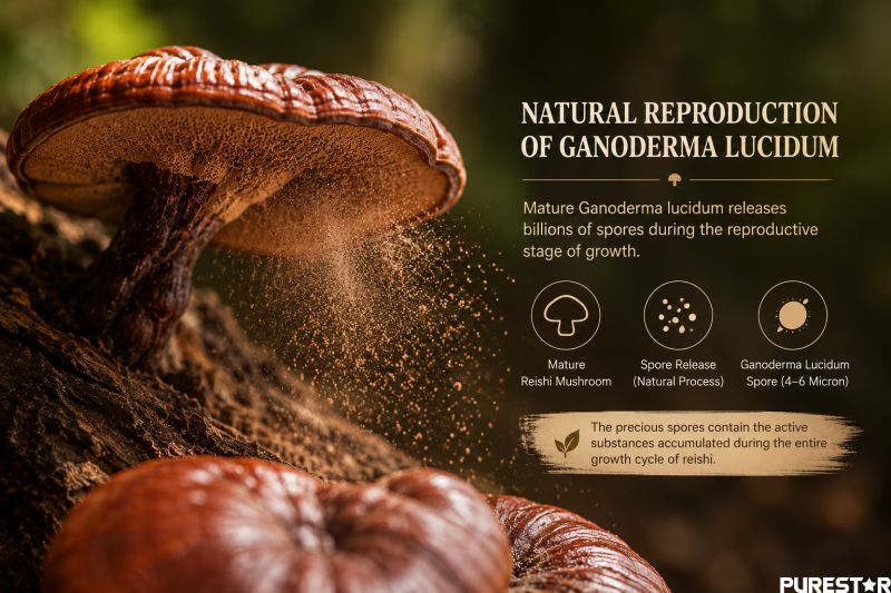 Mature Ganoderma lucidum releasing spores naturally, reishi mushroom spore release process and microscopic spore formation concept