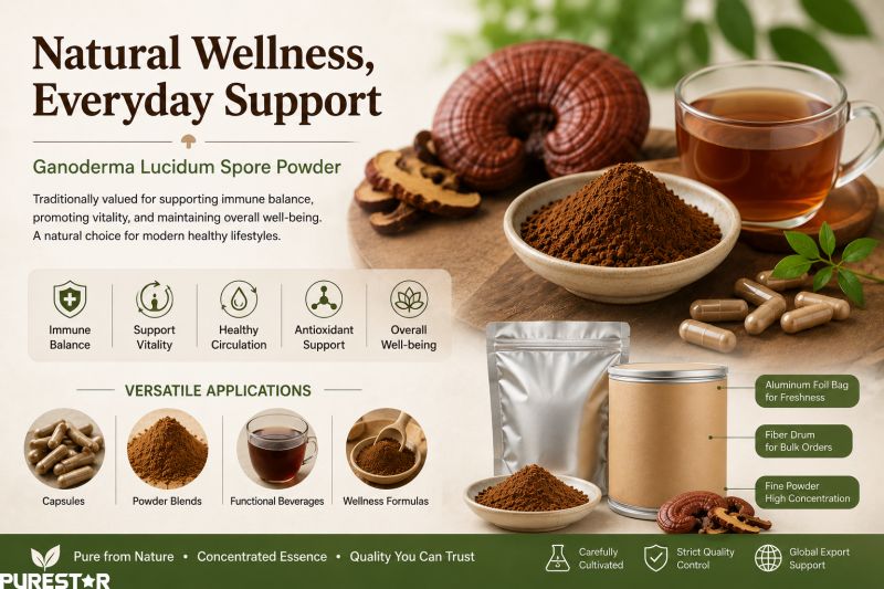 Ganoderma lucidum spore powder wellness applications with capsules, functional beverages, antioxidant support and traditional reishi mushroom nutrition