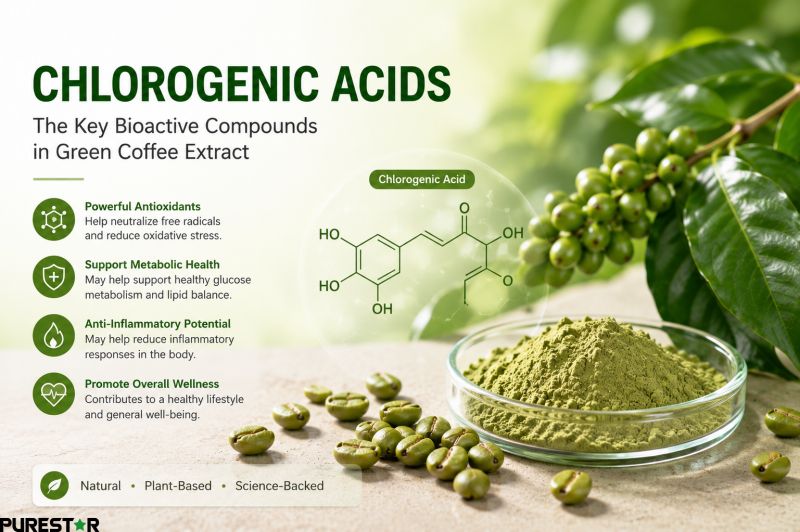 Chlorogenic acids in green coffee extract showing antioxidant activity and metabolic health research concept with green coffee powder