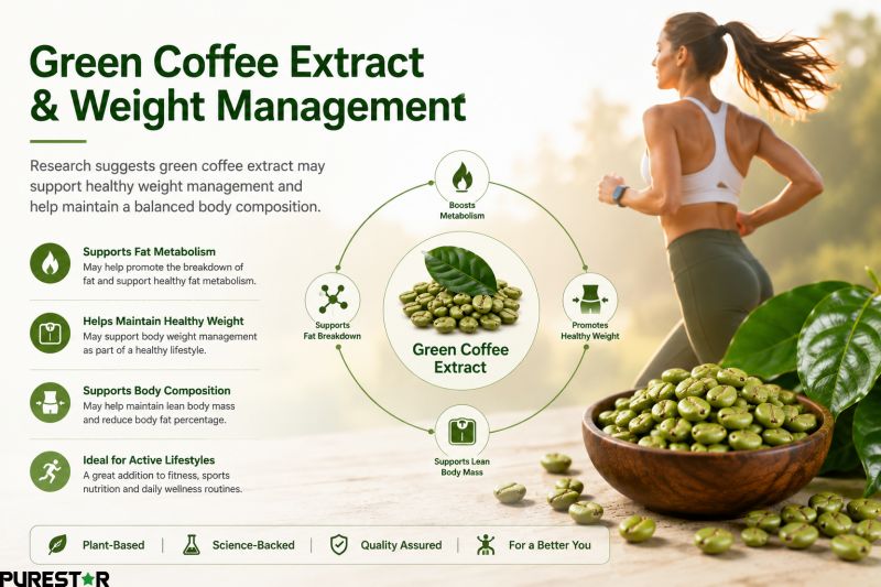 Green coffee extract for weight management fat metabolism and active lifestyle nutrition applications with green coffee beans and powder