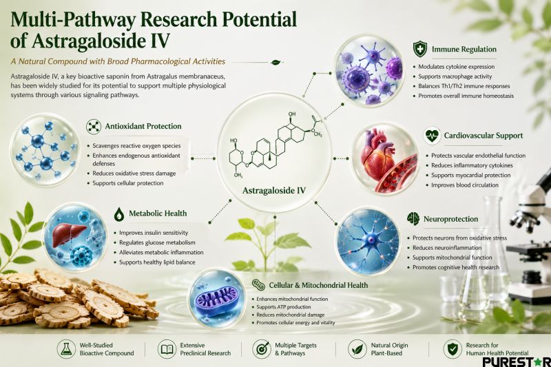 Multi-pathway pharmacological activity infographic of Astragaloside IV featuring immune regulation, antioxidant protection, cardiovascular support, metabolic health, and neuroprotection