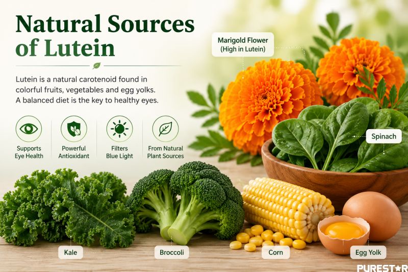 Natural sources of lutein including marigold flower, spinach, kale, broccoli, corn, and egg yolk for eye health and macular support