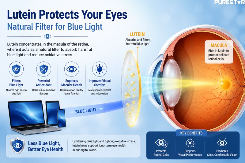 Lutein blue light protection infographic showing how lutein helps filter harmful blue light and supports retinal and macular health