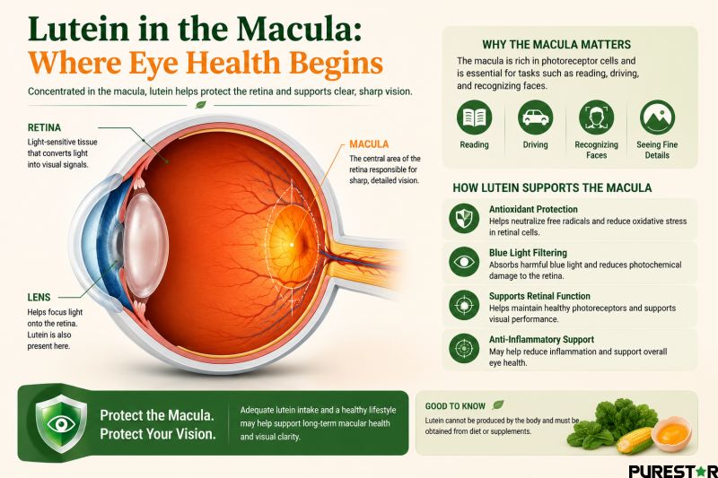 Detailed macula and retina anatomy infographic explaining lutein concentration in the macula for visual performance and eye protection