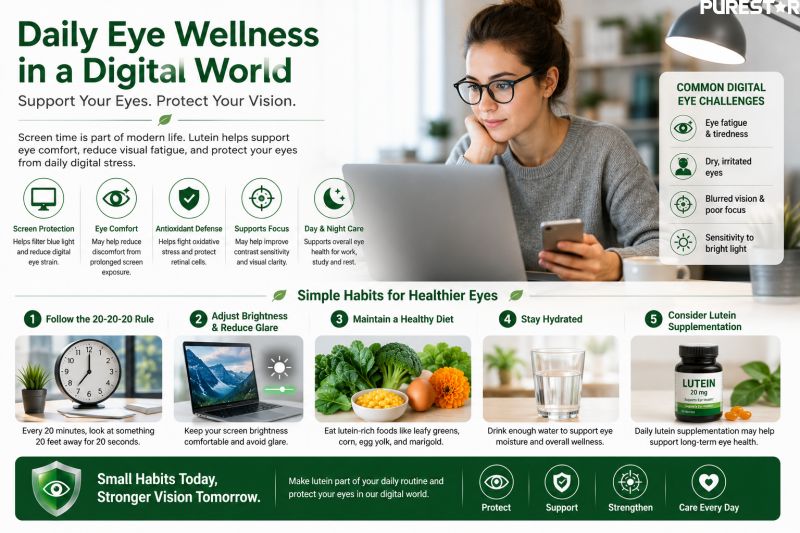Daily eye wellness in a digital world infographic showing lutein support for screen fatigue, blue light exposure, and modern eye care routines