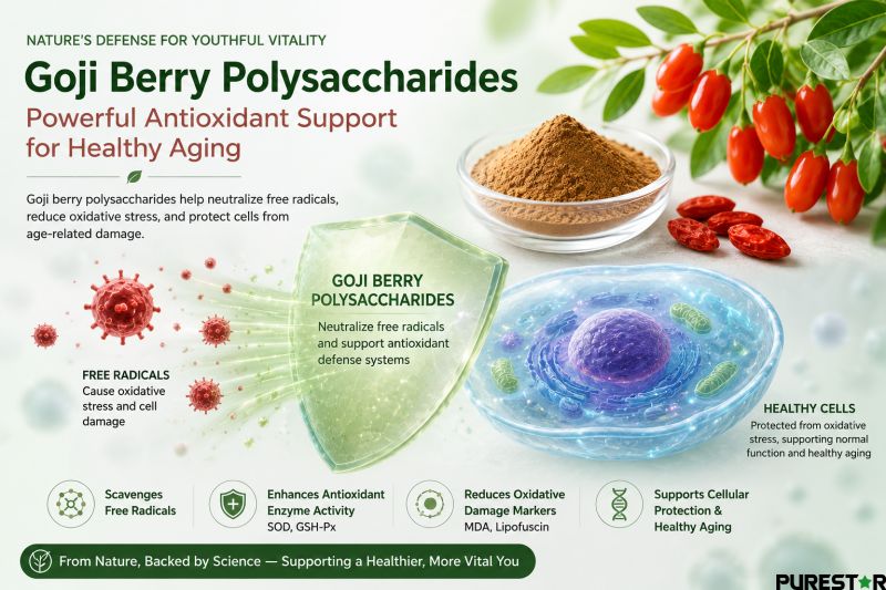 Goji berry polysaccharides antioxidant support infographic with cellular protection and free radical balance