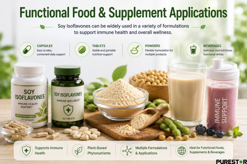 Soy Isoflavones used in functional foods dietary supplements capsules powders and nutritional beverages